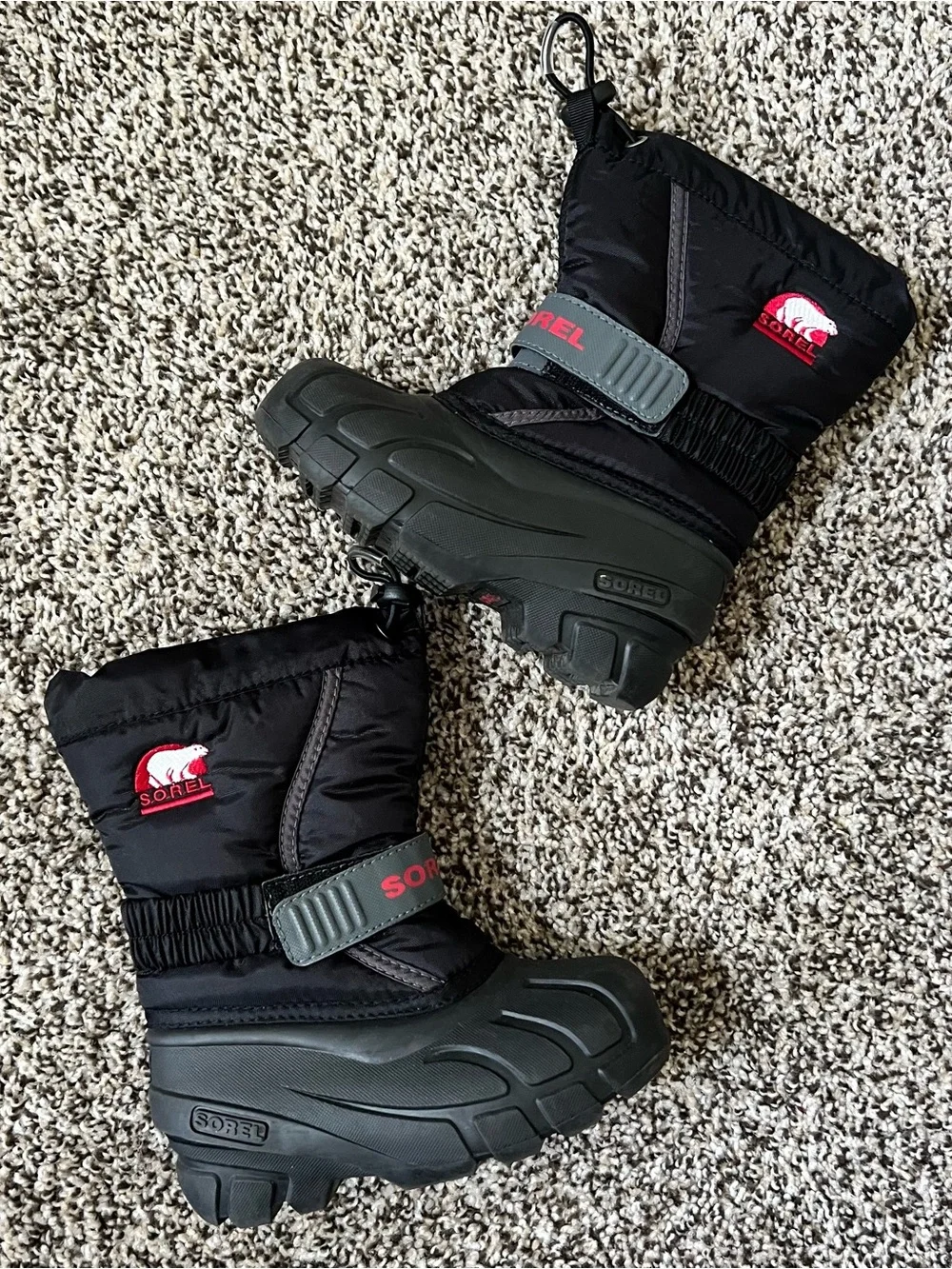 Sorel Black Kids Snow Boots with red Logo Accents size 10